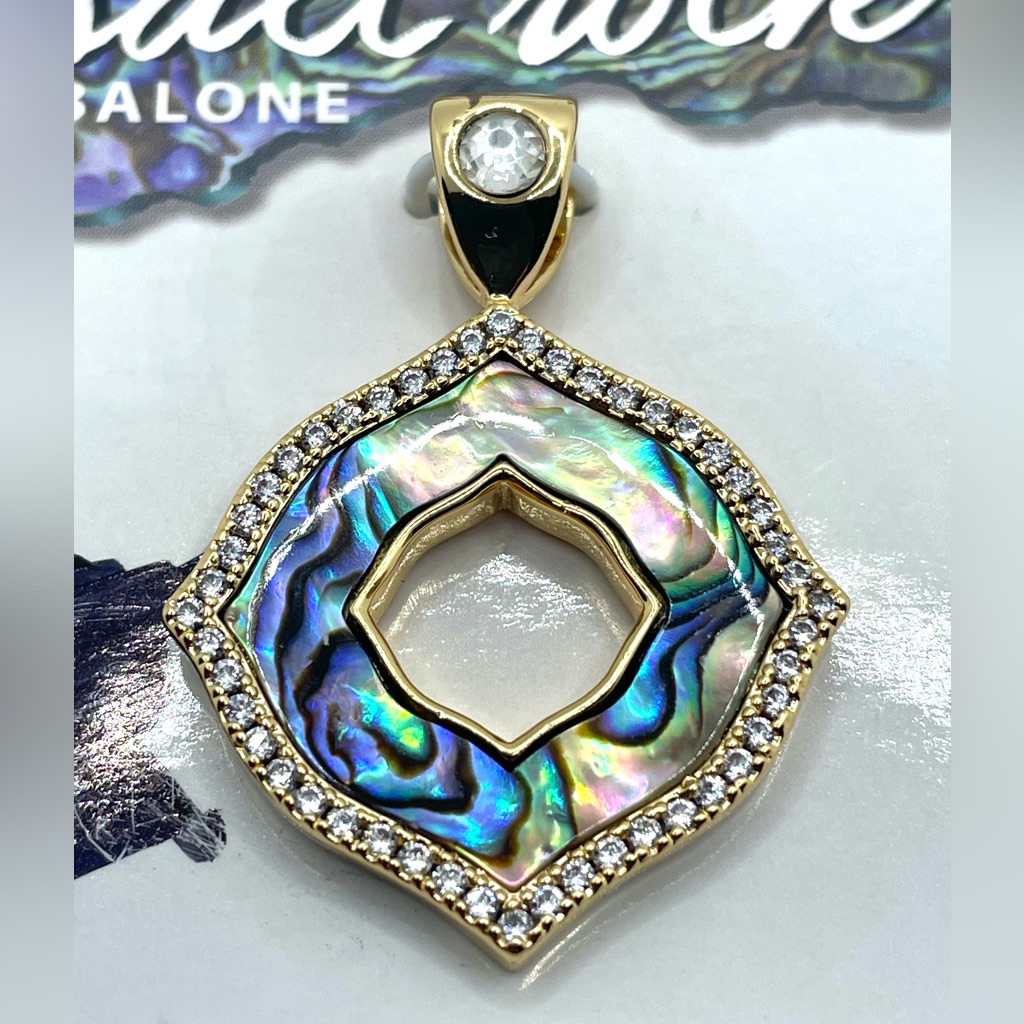 Laura Janelle Salt Rock Abalone W/ Rhinestones Gold Toned Metal Pendant/Charm